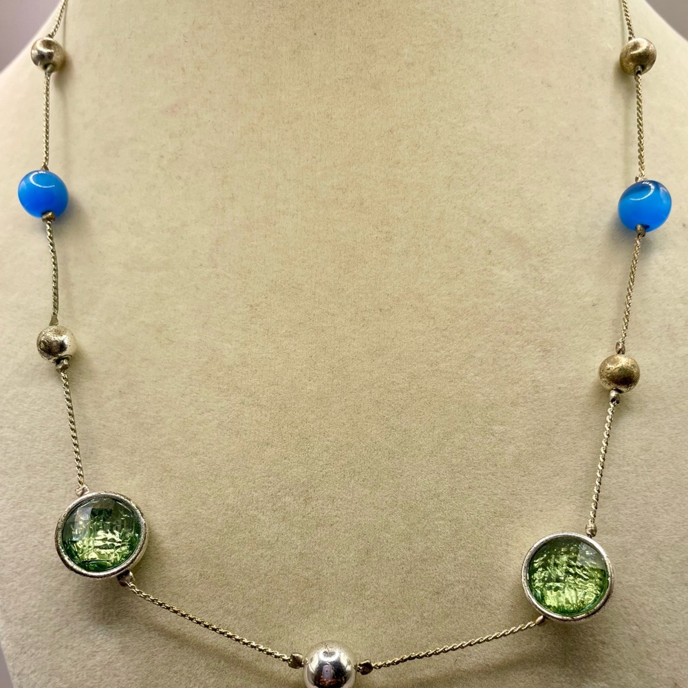 Green and Blue Beaded Silver tone Necklace with Symmetrical Design. 18 inches
